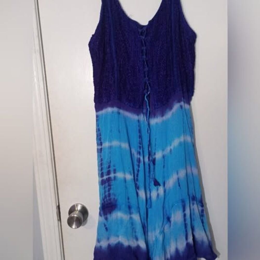 Apogee Lace-Up Tie-Dye Tank Dress Dress Size XL Blue and Purple Tie-Dye Sleevele